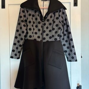 Designer Samuel Dong Polka Dot and Black SCUBA high low Coat